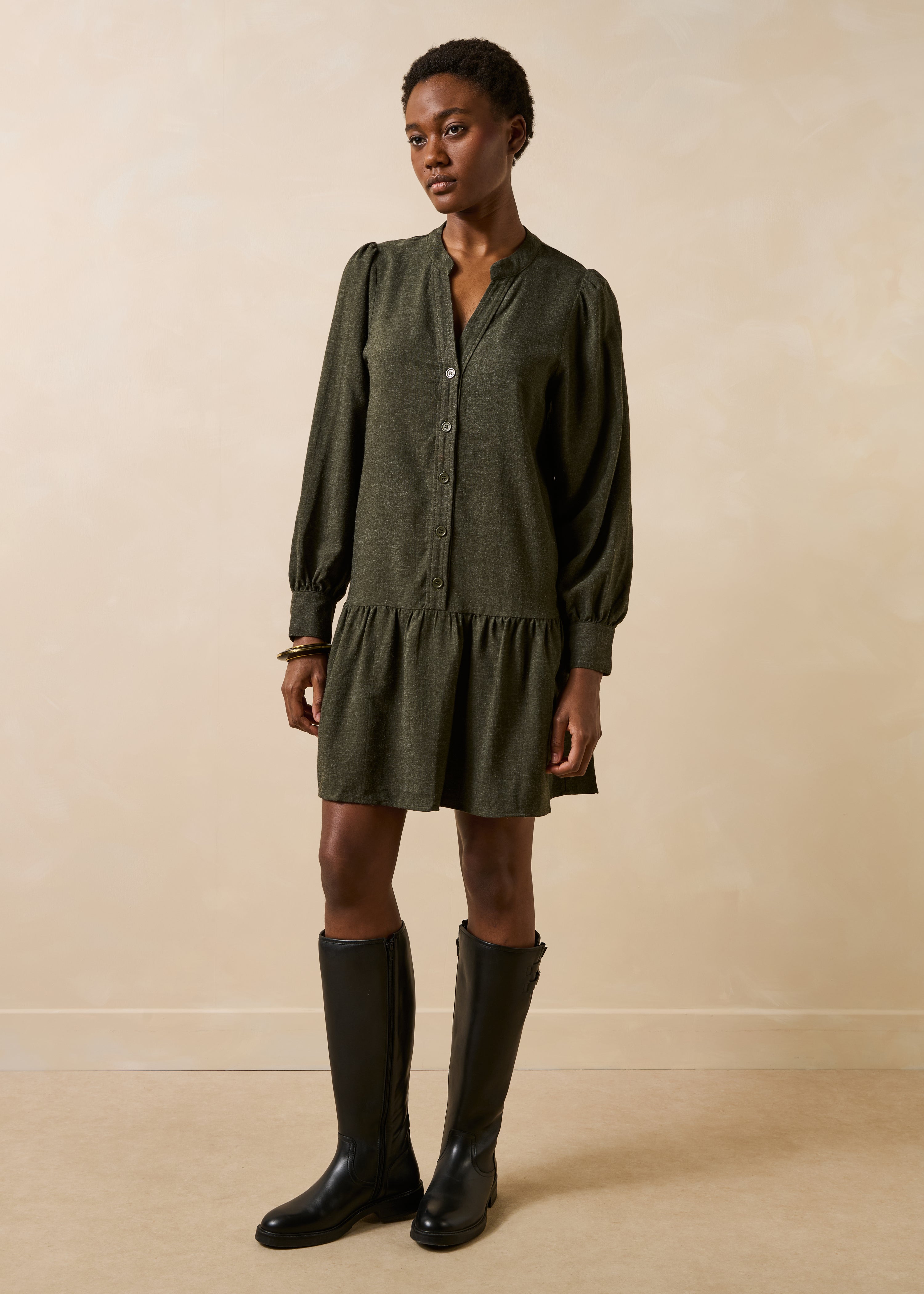 Short khaki long-sleeve flannel dress