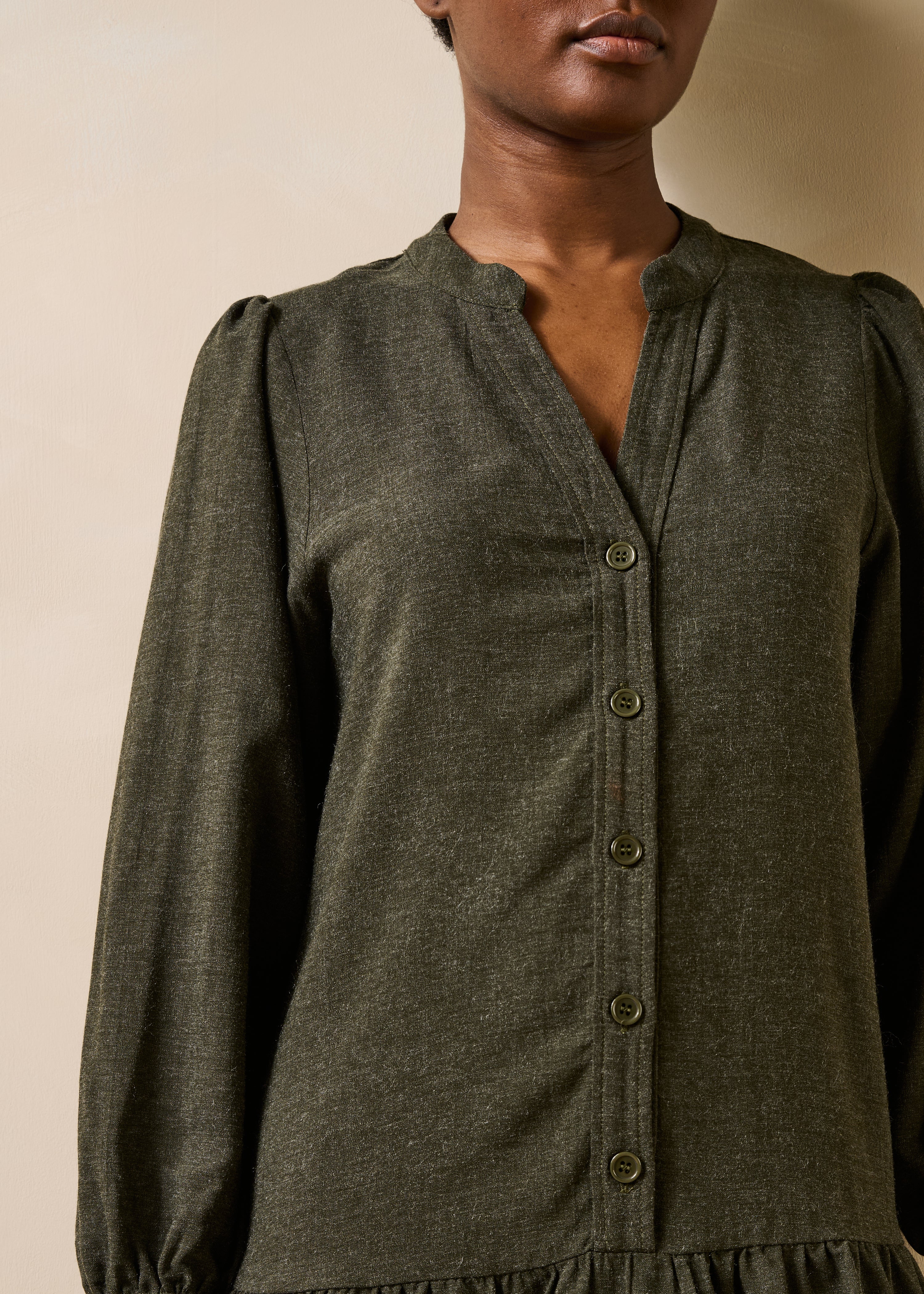 Short khaki long-sleeve flannel dress