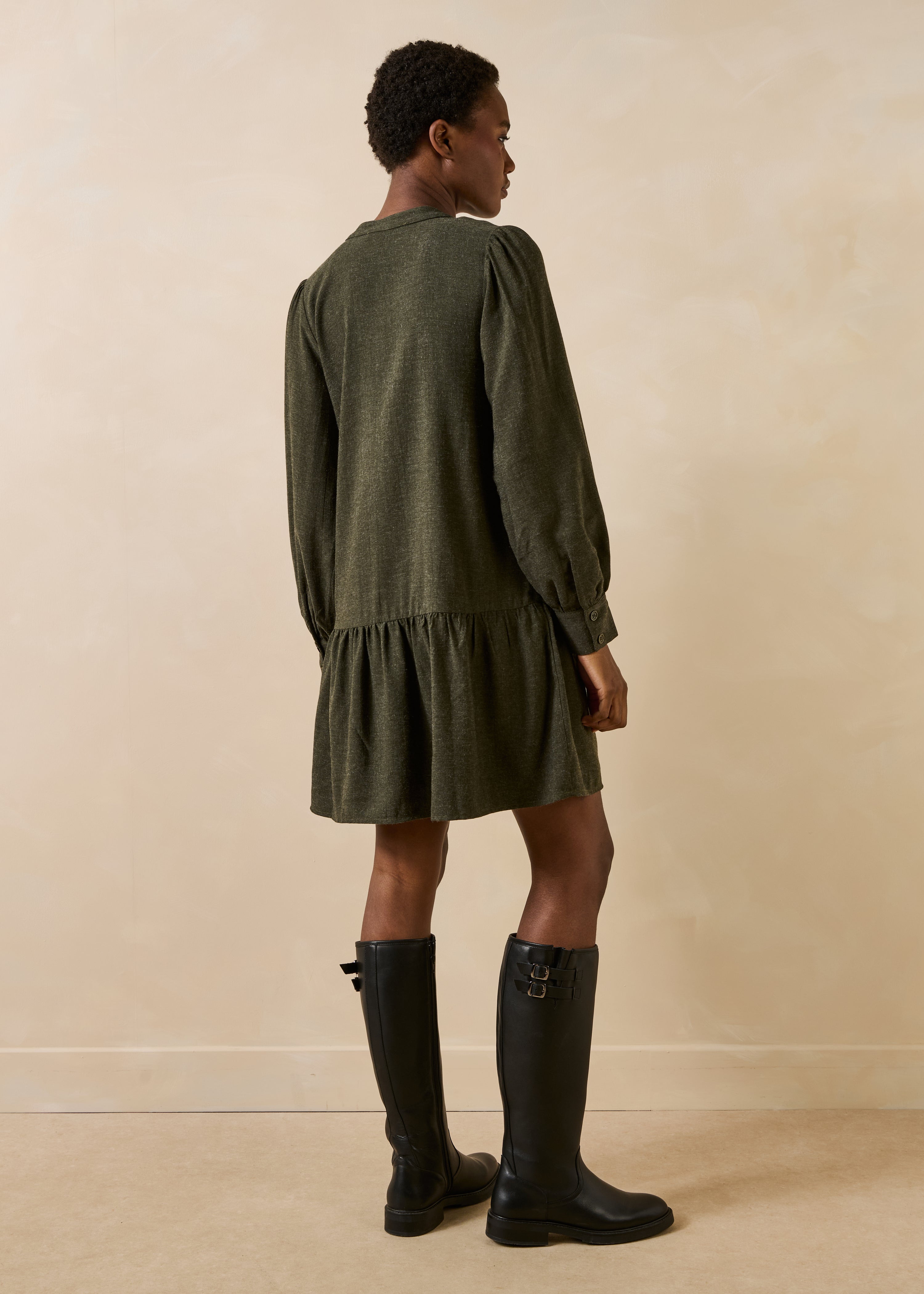 Short khaki long-sleeve flannel dress