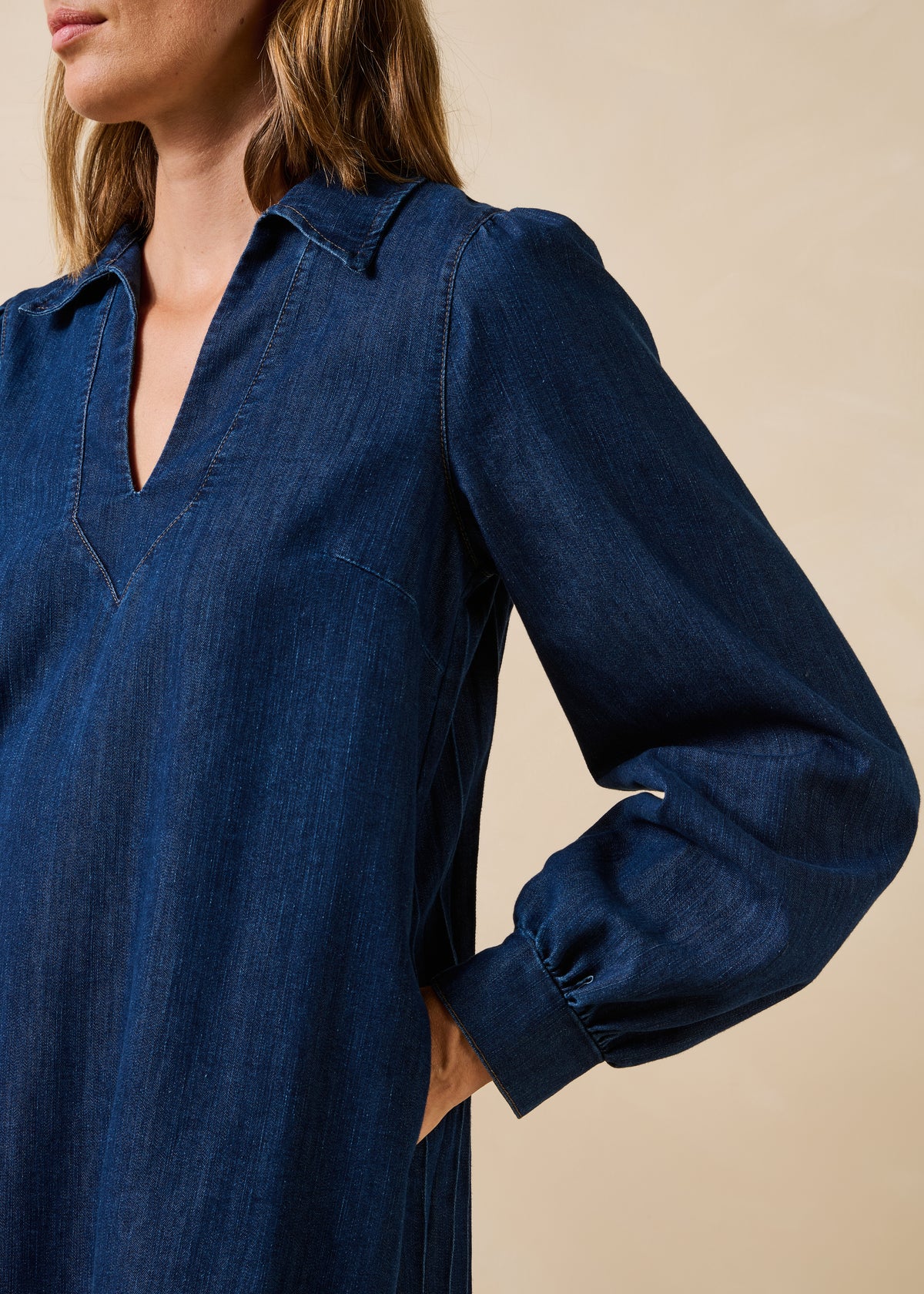 Raw denim short dress with long sleeves