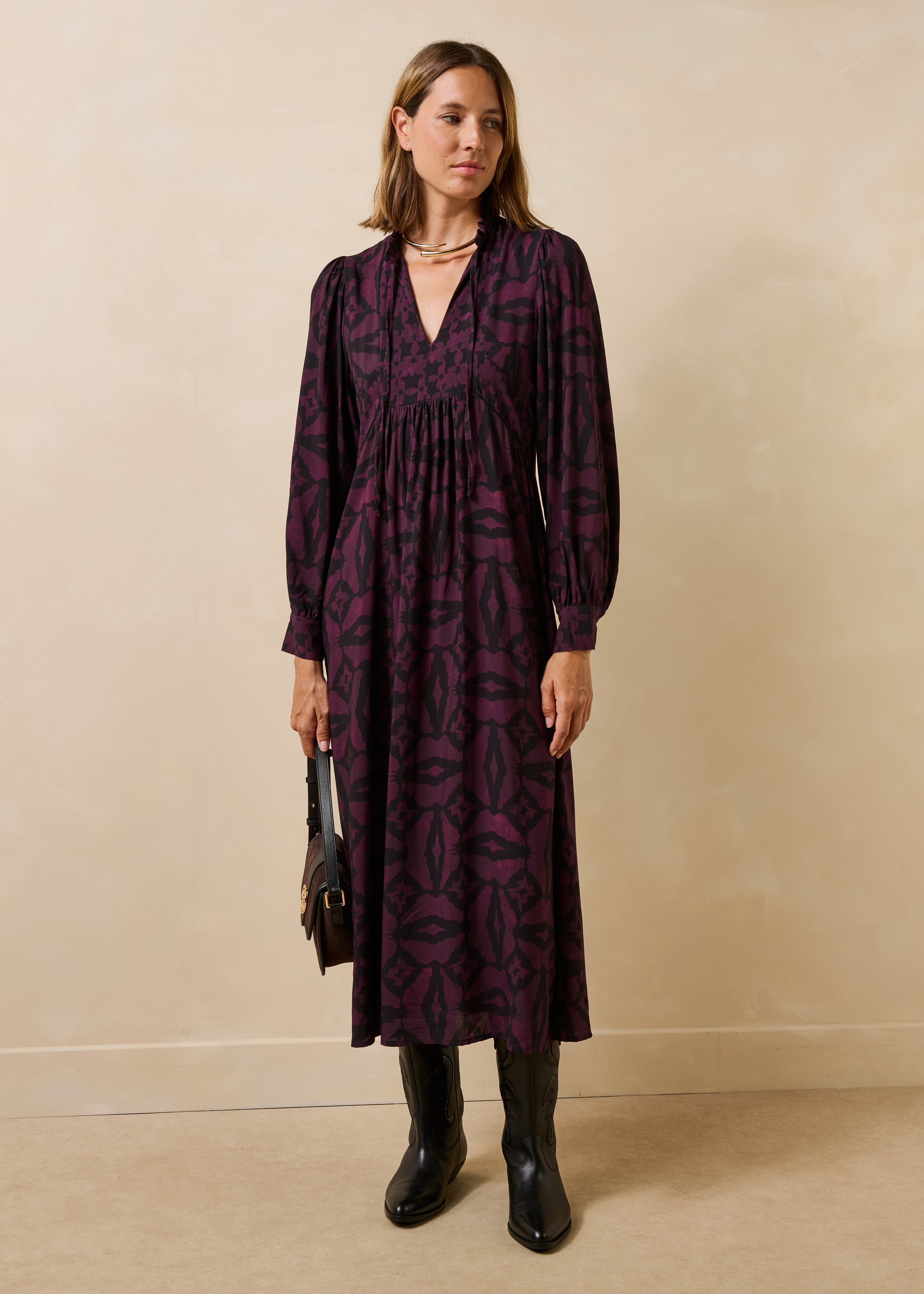 Long black and burgundy printed long-sleeve dress