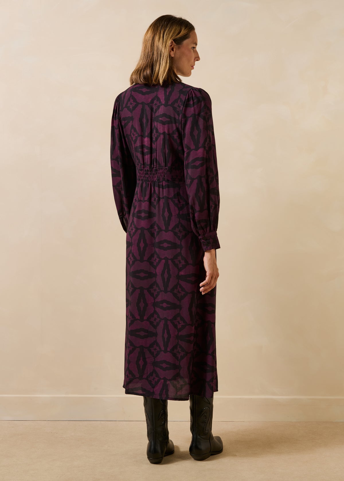 Long black and burgundy printed long-sleeve dress