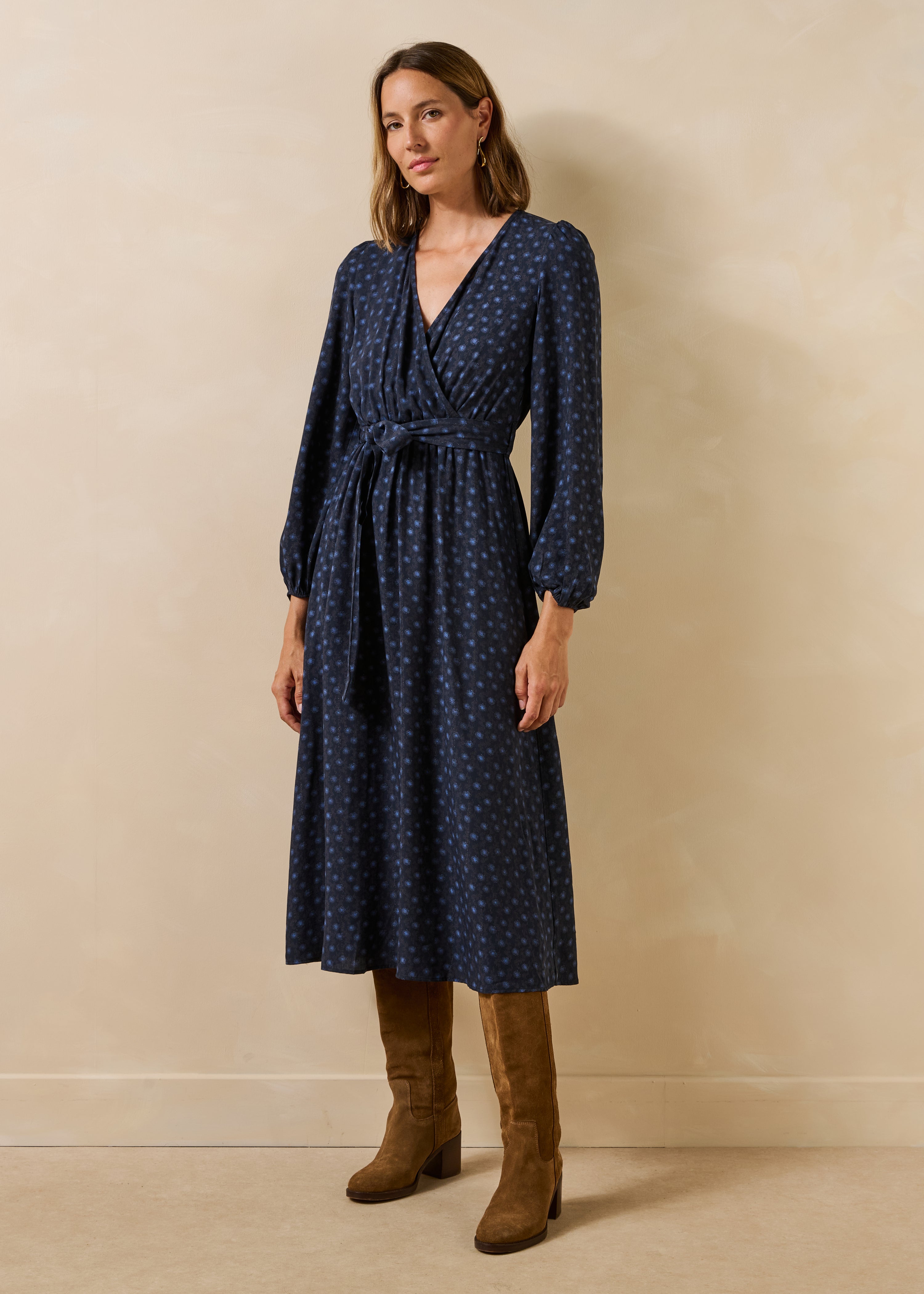 Long blue long-sleeved wrap dress with print