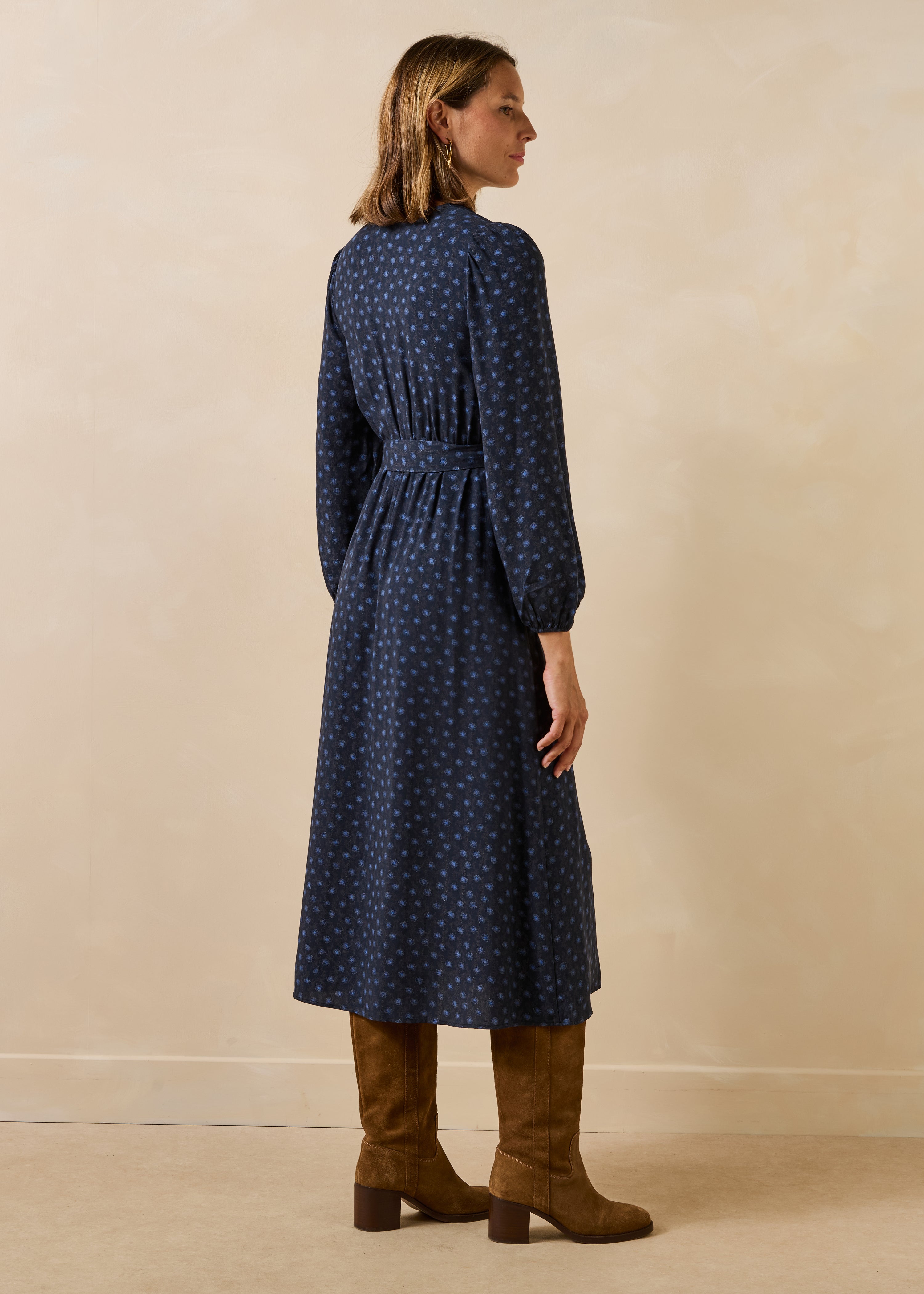 Long blue long-sleeved wrap dress with print