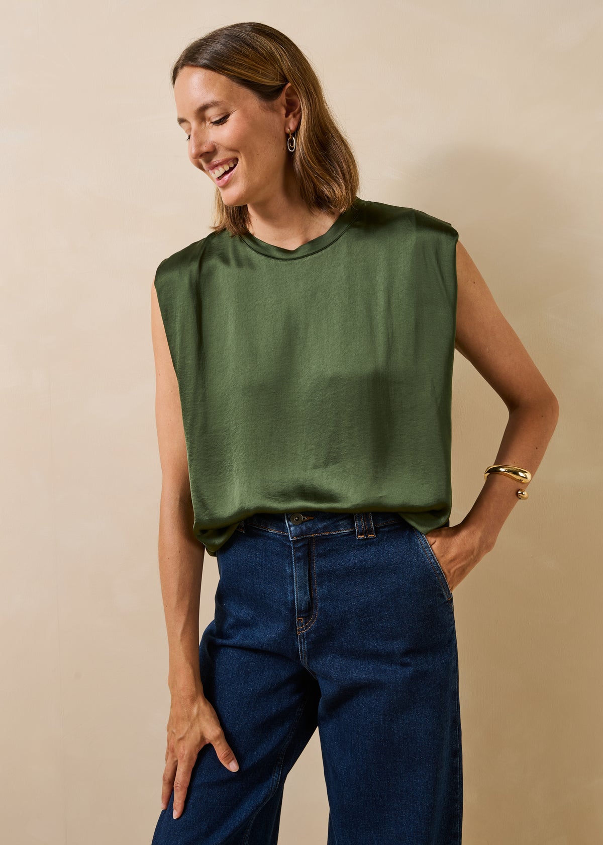 Khaki satin sleeveless top
