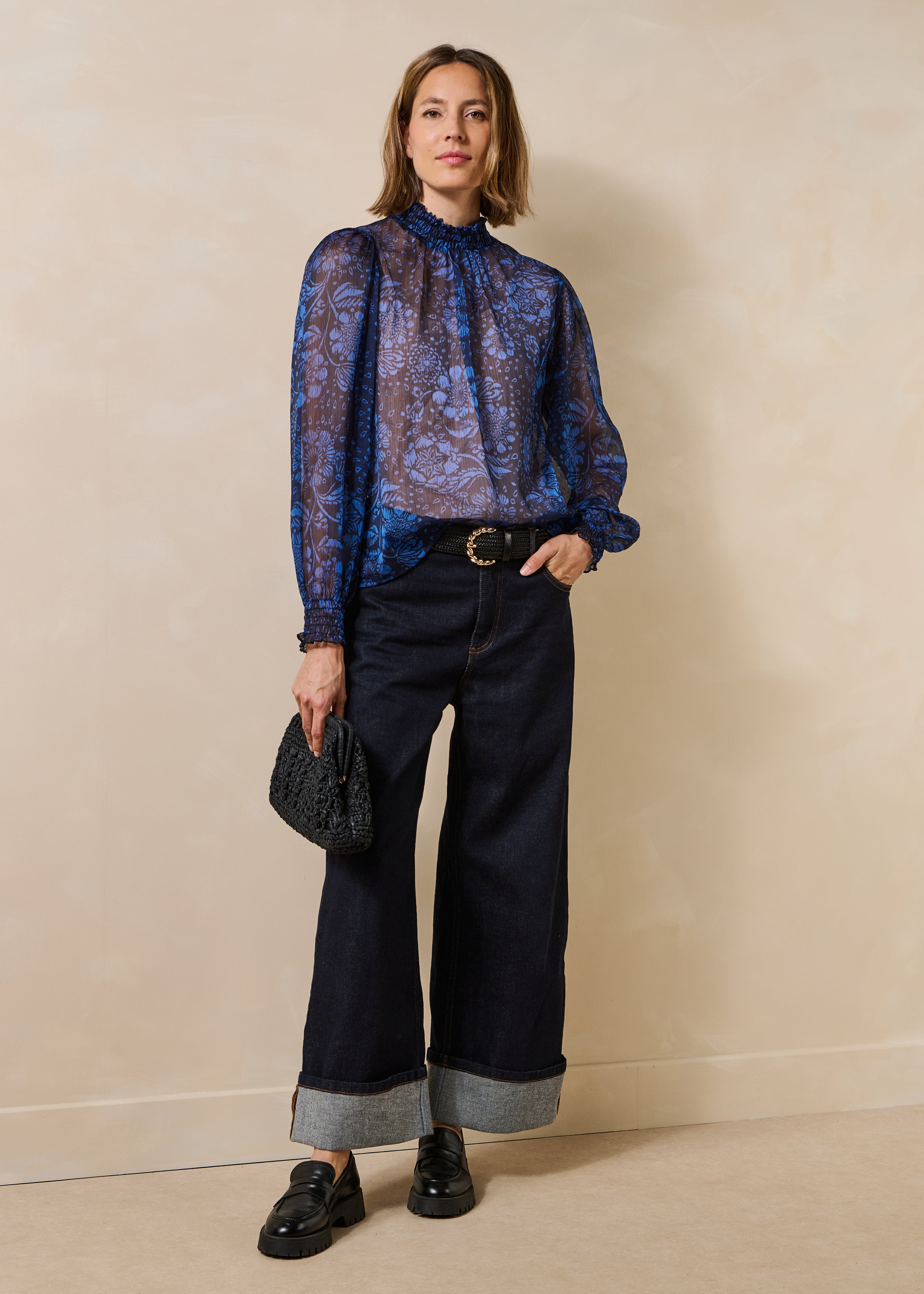 Blue floral print voile top with long sleeves