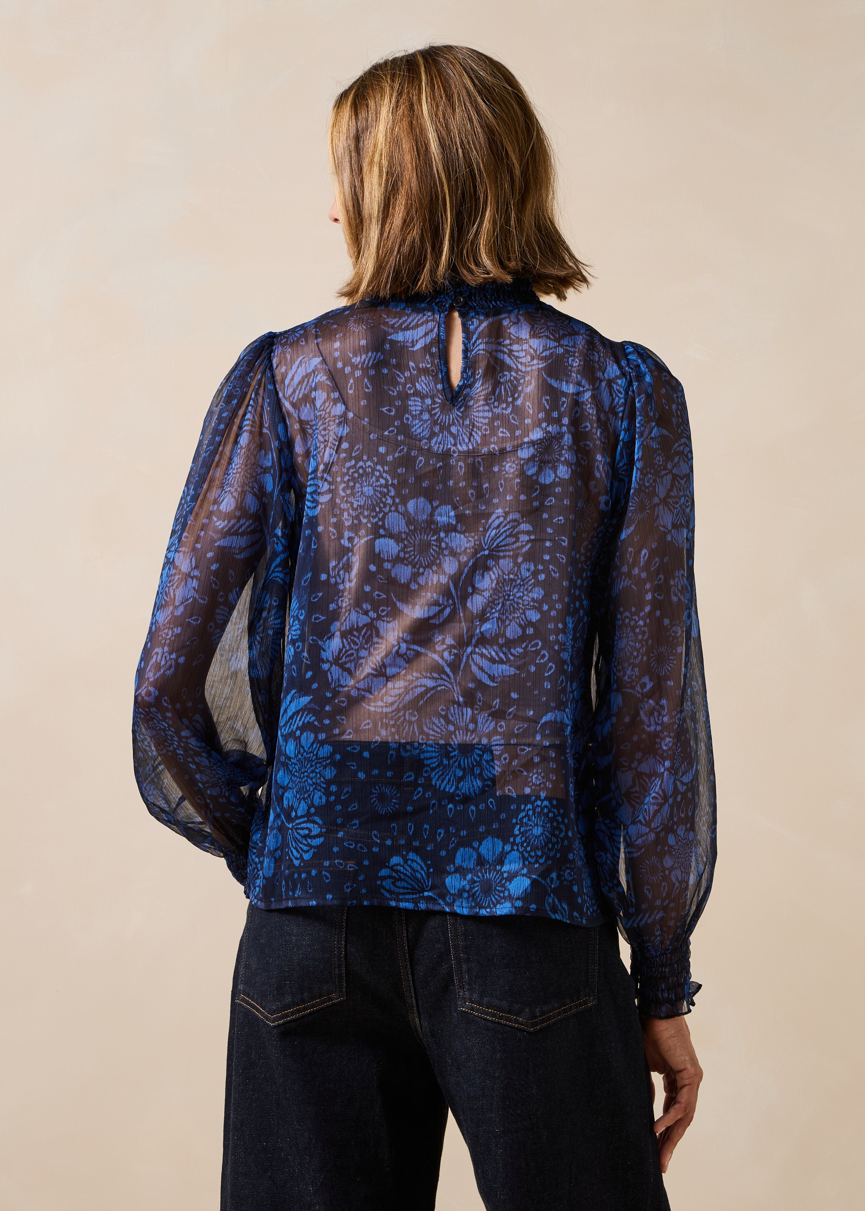 Blue floral print voile top with long sleeves