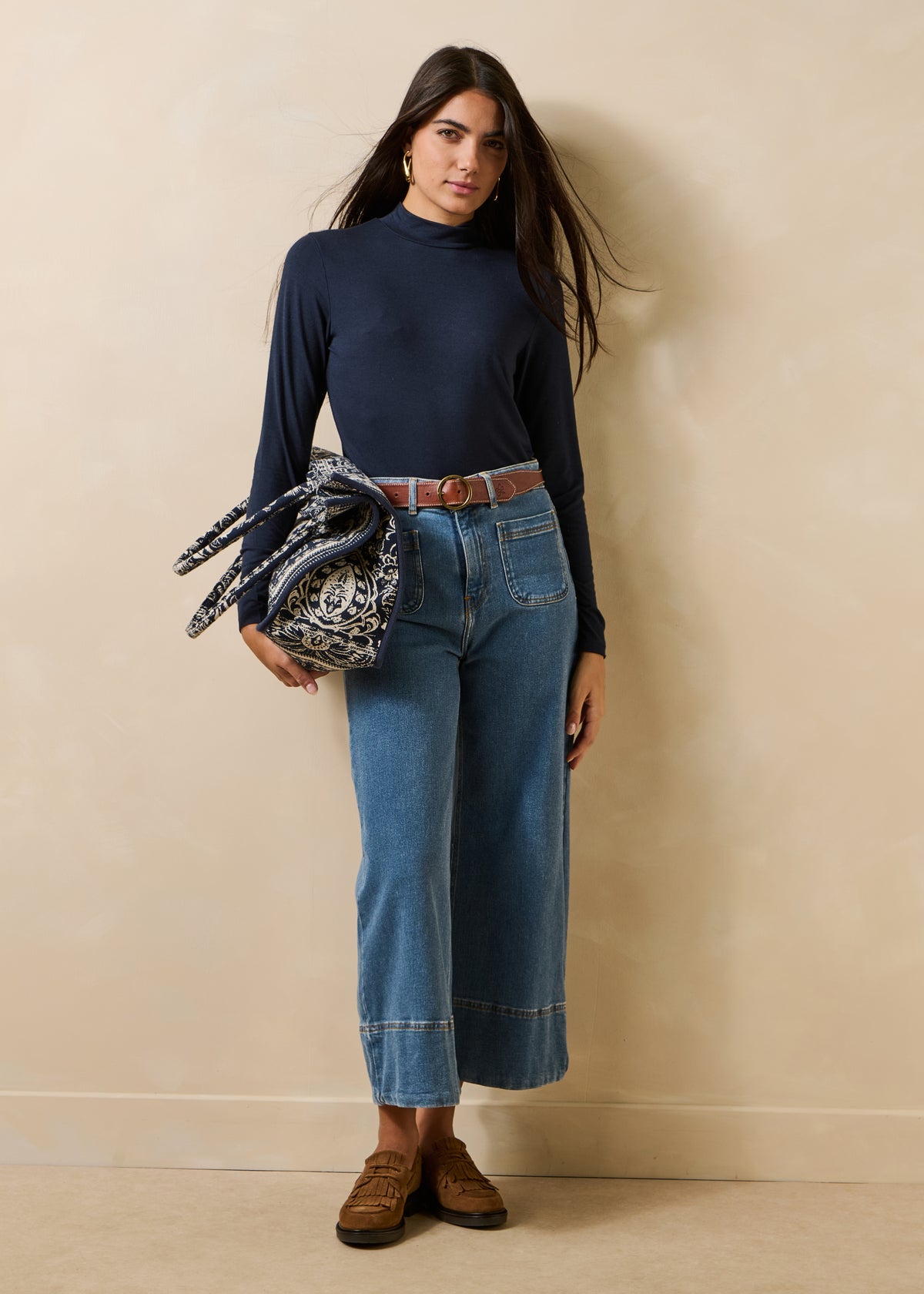 Navy blue long-sleeve T-shirt in modal and cashmere