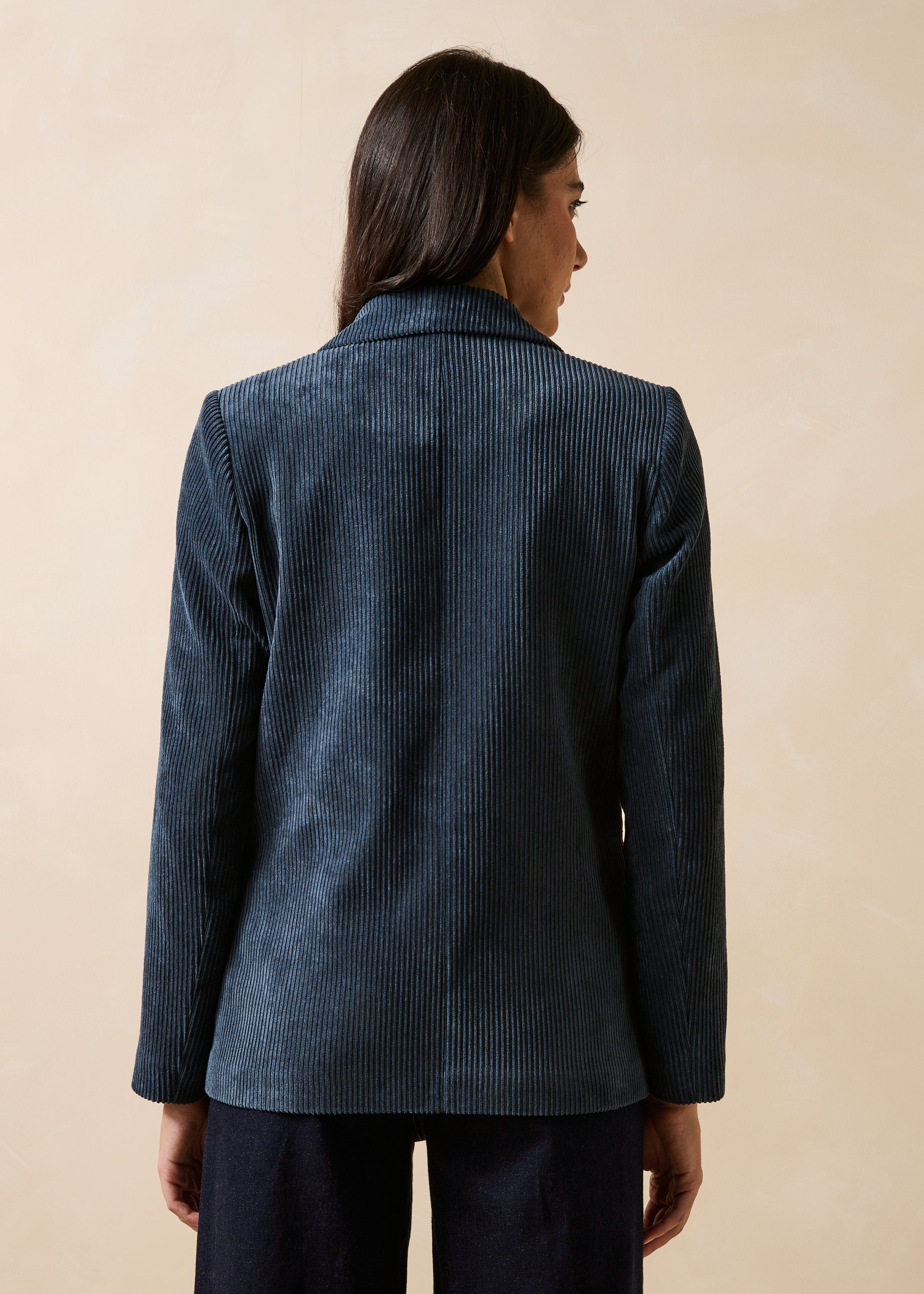 Veste tailleur bleu gris en velours manches longues