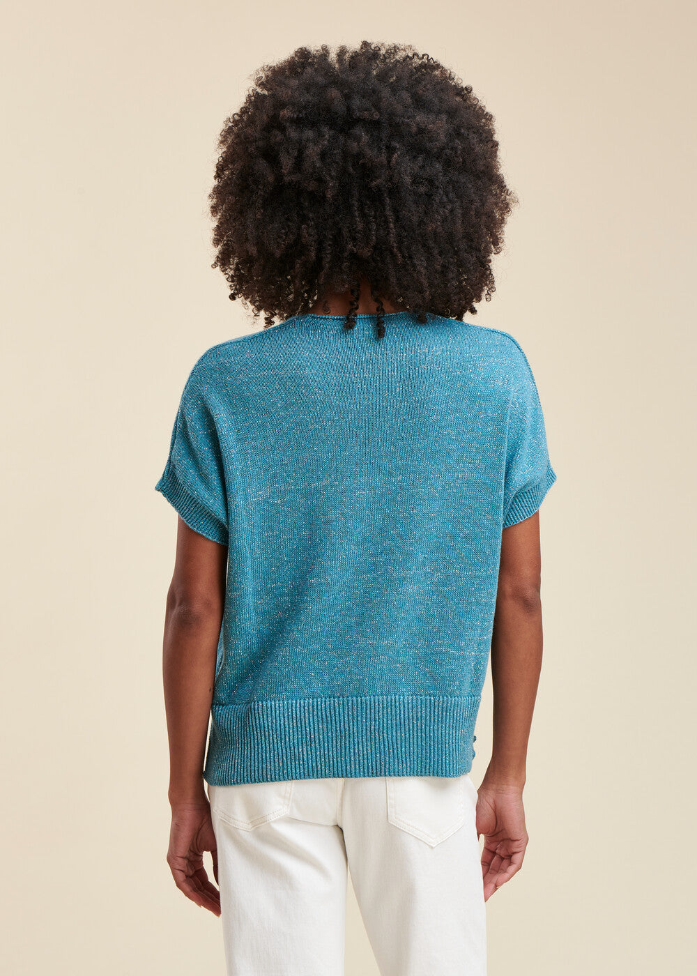 Short-sleeved iridescent knit sweater