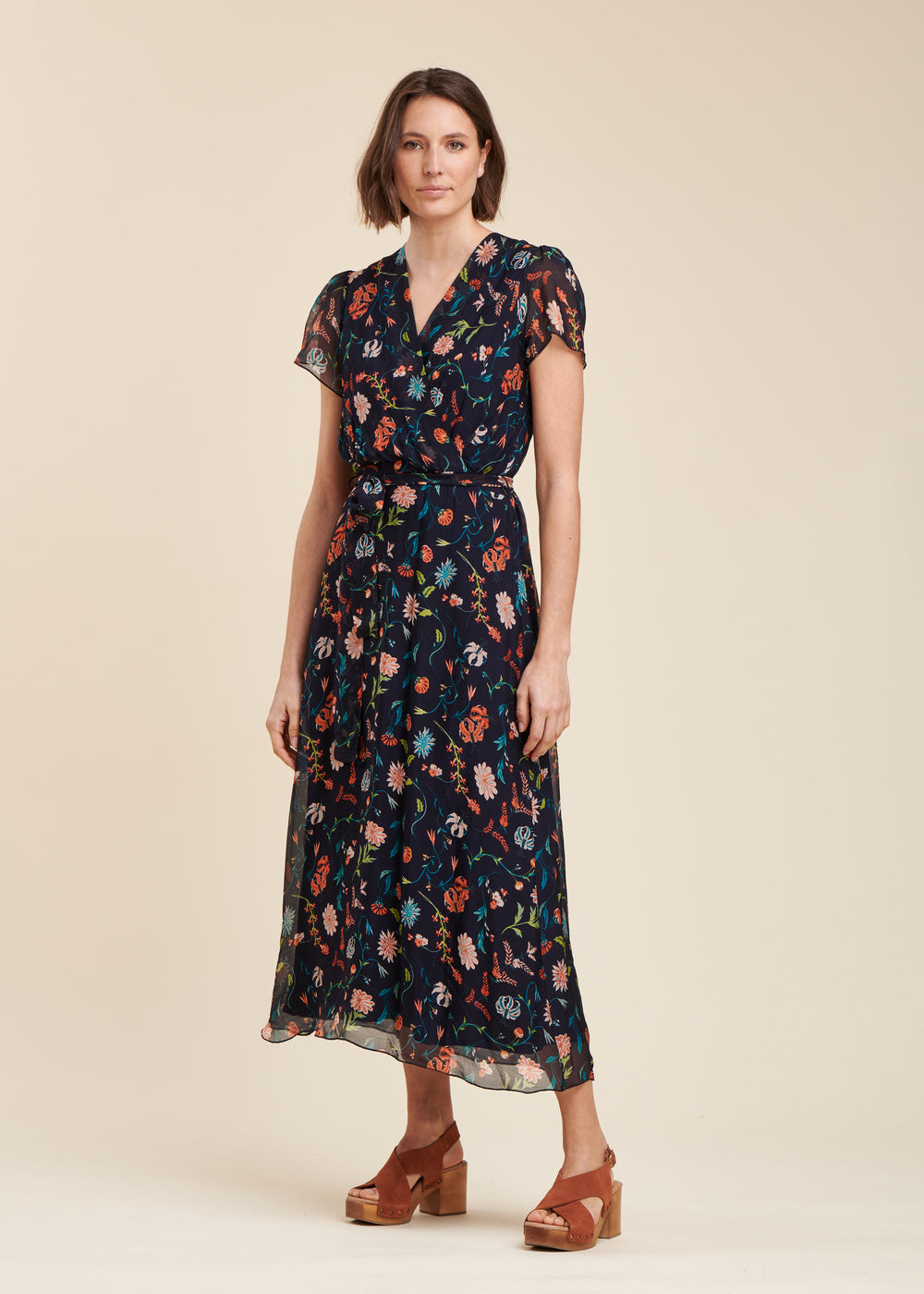 Long silk viscose dress with floral print