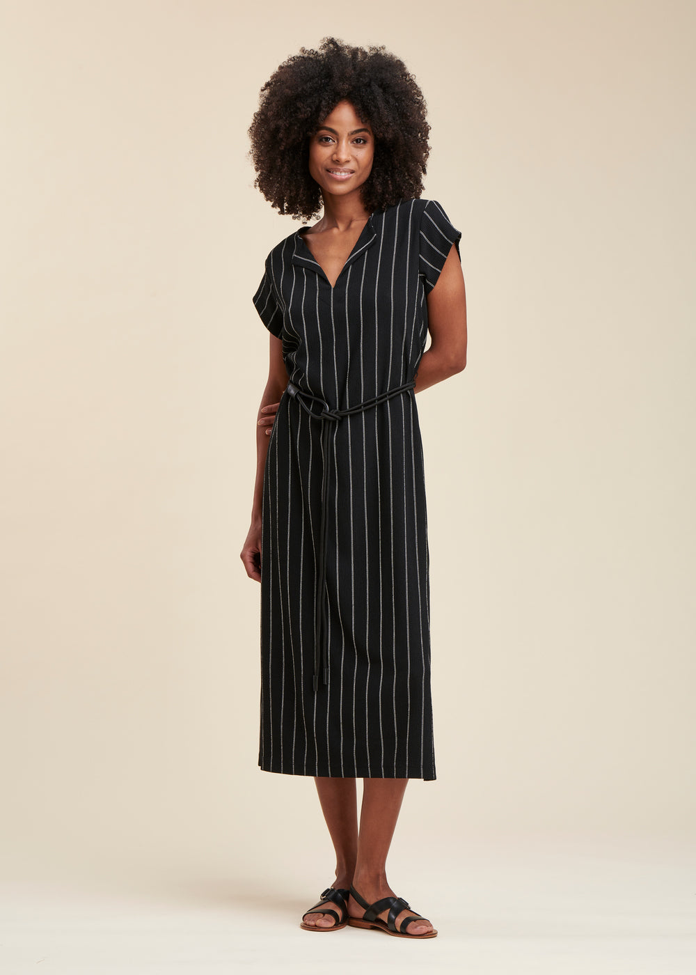 Striped jersey mid-length dress