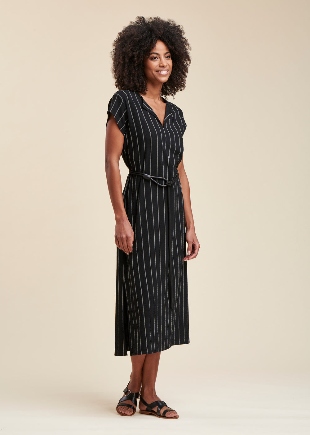 Striped jersey mid-length dress